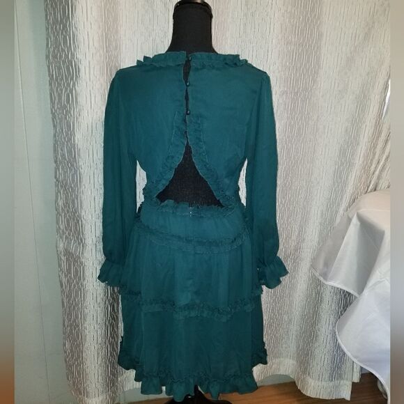 MEDIUM Green Ruffle Open Back Long Sleeve Dress BOHO NWOT - Picture 12 of 14